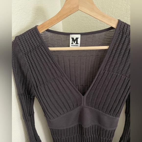 MISSONI Knit ribbed zig zag V-Neck Mini Dress grey long sleeve size 2 wool blend - Picture 4 of 13